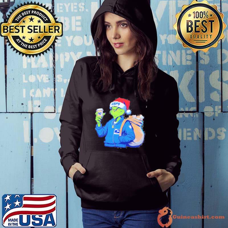 Grinch Hat Santa Hug United States Postal Service Merry Christmas Shirt
