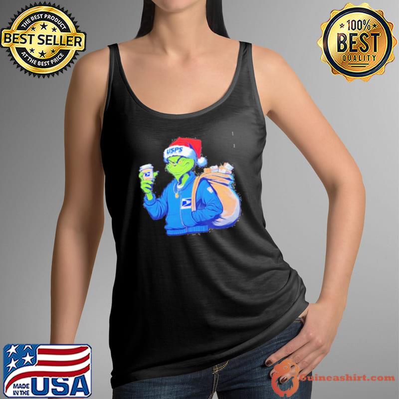 Grinch Hat Santa Hug United States Postal Service Merry Christmas Shirt Tank Top