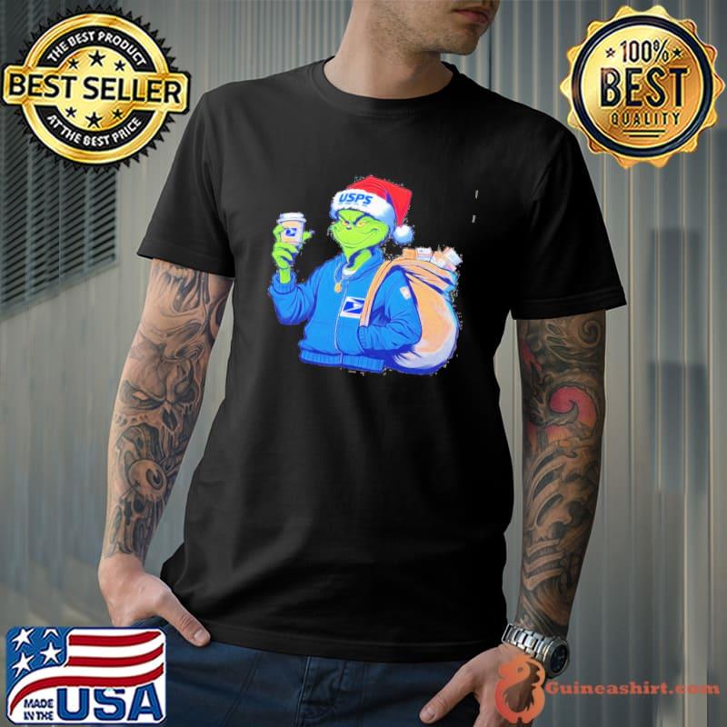 Grinch Hat Santa Hug United States Postal Service Merry Christmas Shirt Unisex
