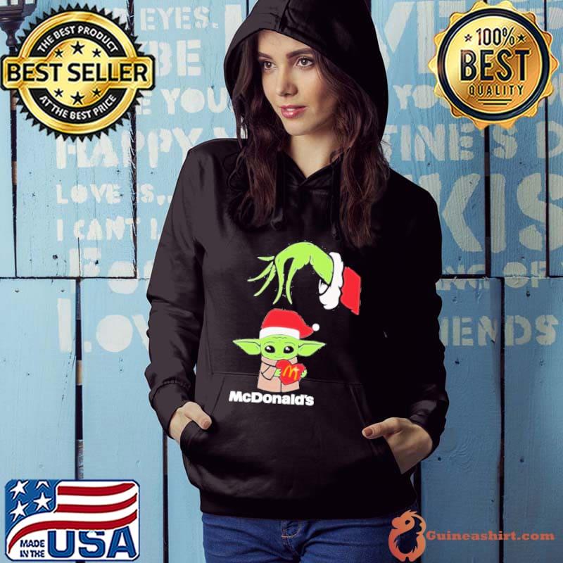 Grinch Santa Hug Baby Yoda Hug Heart McDonalds Logo Merry Christmas Shirt