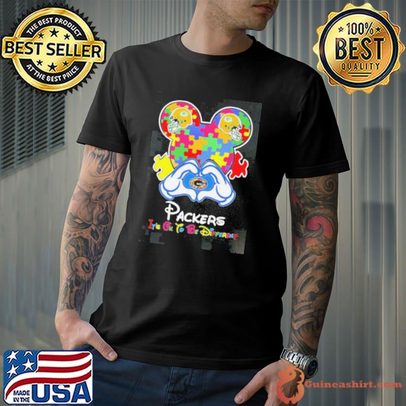 Mickey Mouse Love Green Bay Packers Autism Its Ok To Be Different shirt