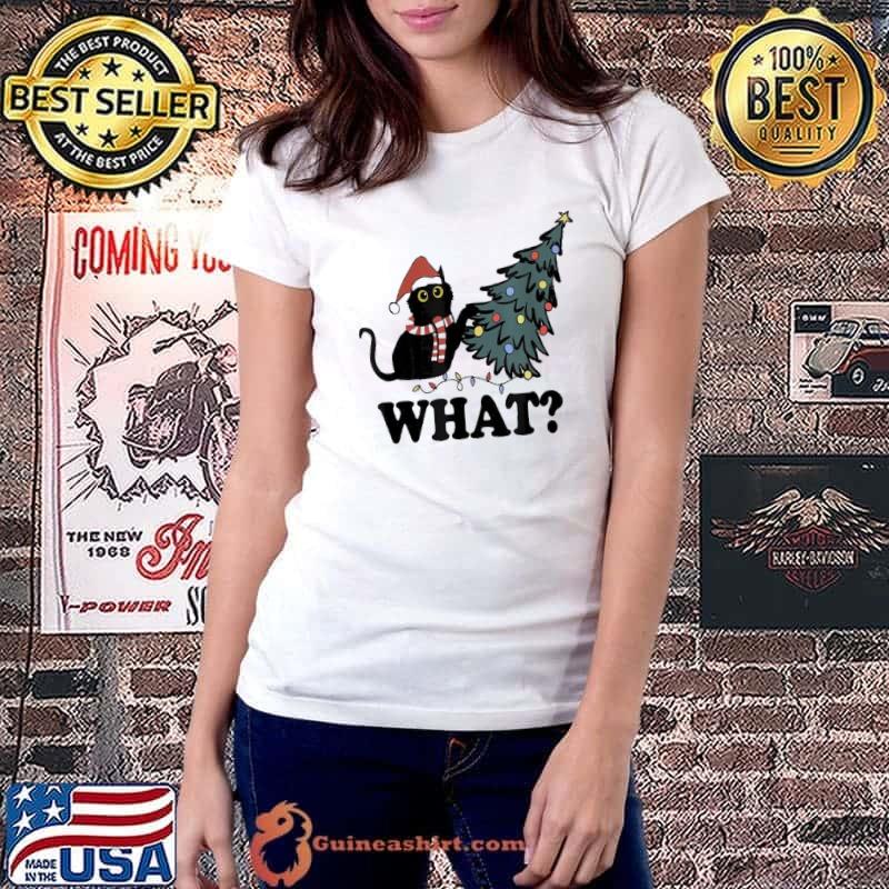 What black cat wear santa hat and xmas tree lights merry christmas shirt