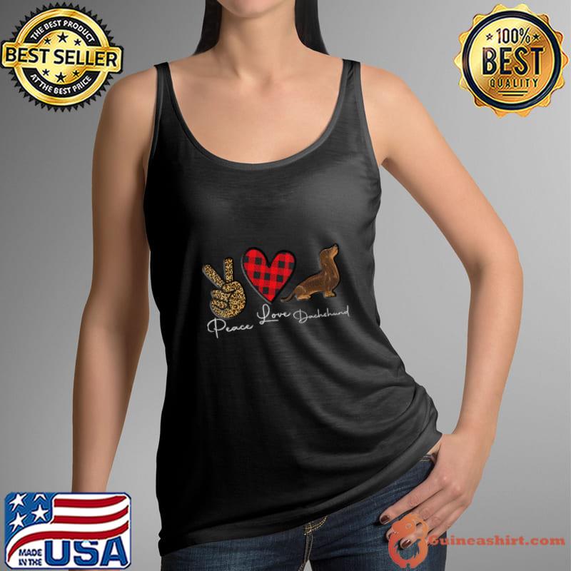 Womens Dachshund Dog Leopard High hand Red plaid Peace Love Puppy T-Shirt