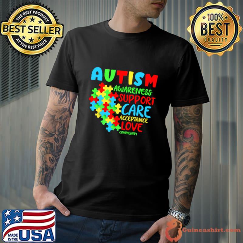 Autism Awareness Support Care Acceptance Love Community Hearts T-Shirt