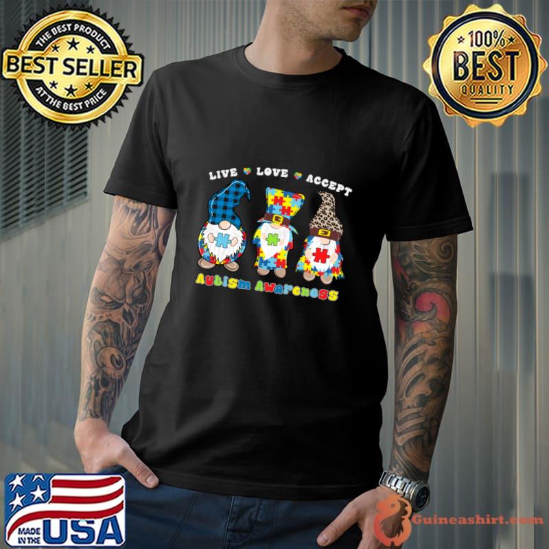 Gnomies Live Love Accept Autism Awareness Leopard Plaid T-Shirt