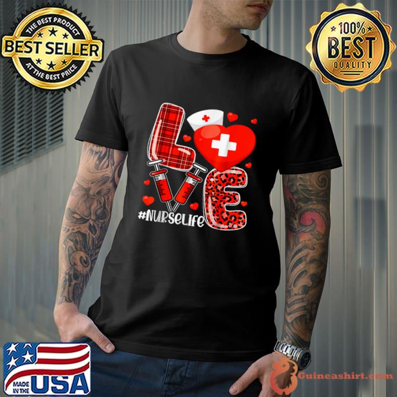 Love Nurselife Heart leopard and plaid red Nurses Valentines Day Hearts Stethoscope T-Shirt