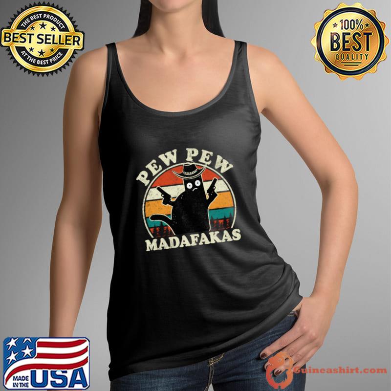 Pew Pew Madafakas Cowboy Cat Retro Sunset T-Shirt