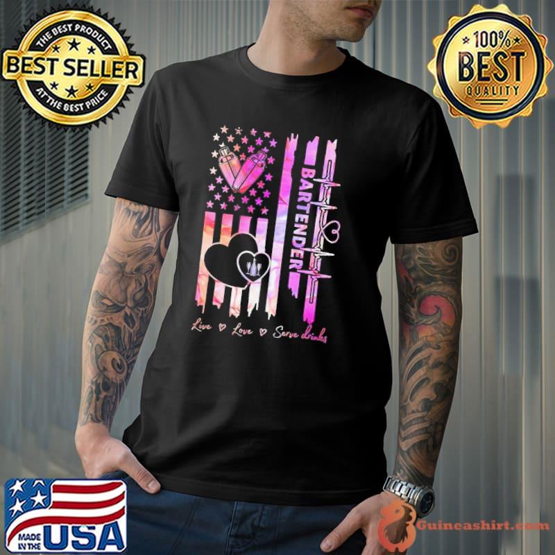 Bartender live love serve drinks american flag hologram shirt