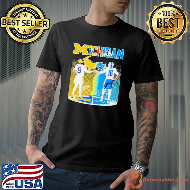 Michigan Wolverines McCarthy and Detroit Lions Goff 2023 2024 Season Champions Signatures Shirt