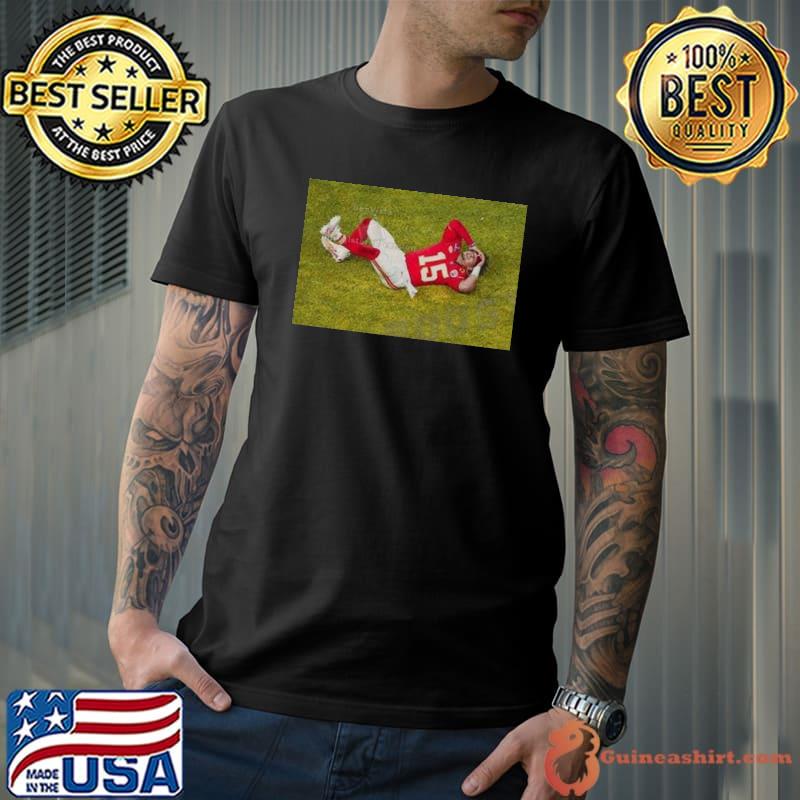 Patrick Mahomes lies down and celebrates on the field of play At Super Bowl LVIII Shirt