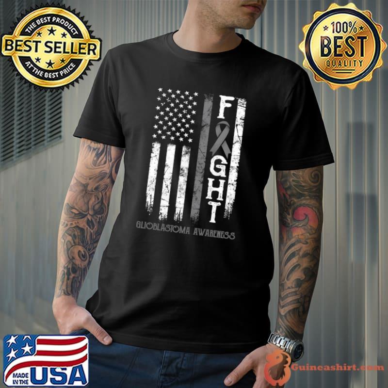 Glioblastoma Warrior Fight Grey Ribbon AMerican Flag T-Shirt
