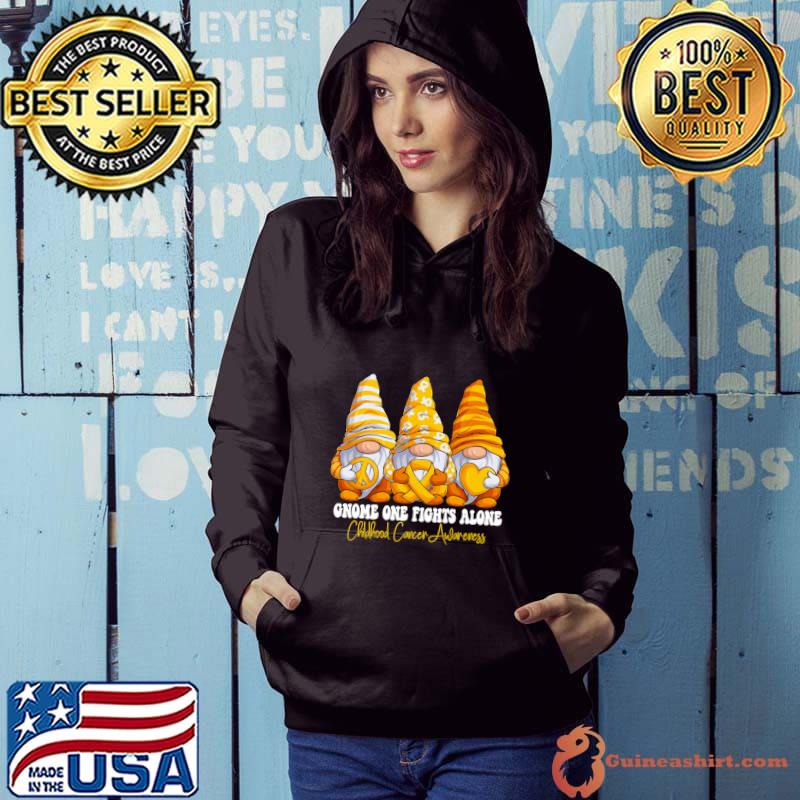 Gnome One Fights Alone Gold Ribbon Survivor Fighter Childhood Cancer Awareness T-Shirt Hoodie