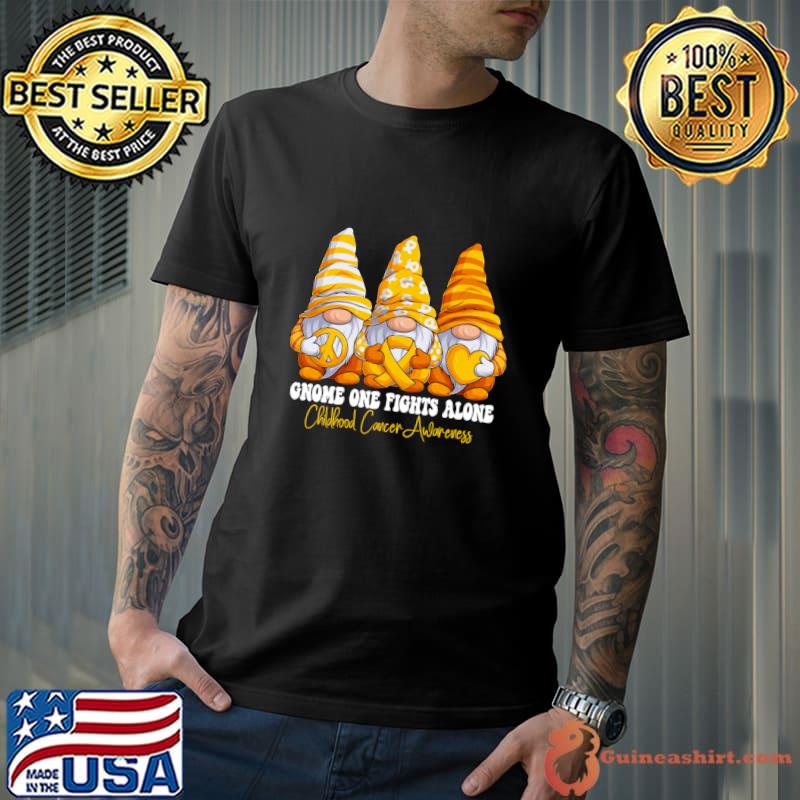 Gnome One Fights Alone Gold Ribbon Survivor Fighter Childhood Cancer Awareness T-Shirt Unisex