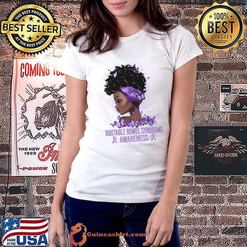 Irritable Bowel Syndrome Awareness Black Woman Butterflies T-Shirt Ladiestee