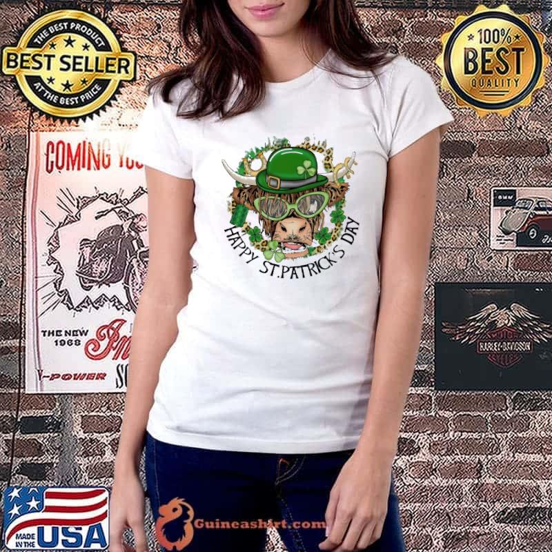 Original happy St Patrick's Day Highland Cow Leopard shirt