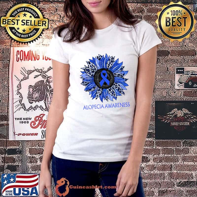 Leopard Sunflower Alopecia Awareness Blue Ribbon Support T-Shirt