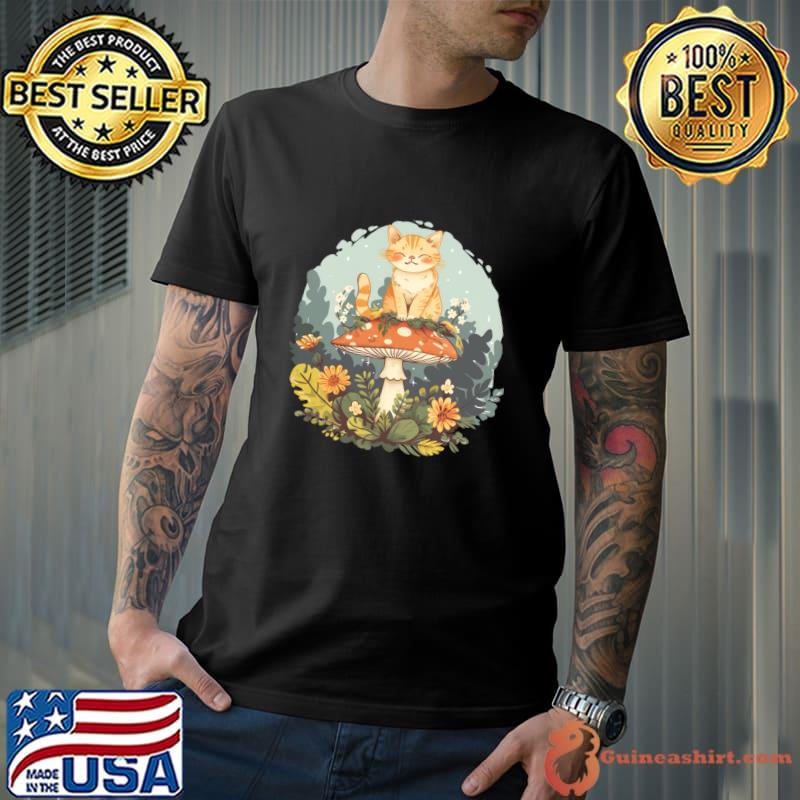 Vintage Cute mushroom Cat Floral Garden Kawaii Kitten T-Shirt