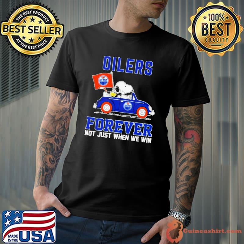 Edmonton Oilers X Peanuts Snoopy And Woodstock Driving Car Forever Not Just When We Win Shirt Unisex