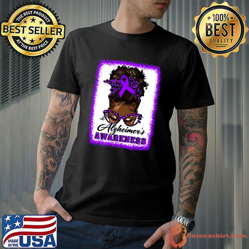 Messy Bun Afro Hair Alzheimer's Awareness Black Women Leopard T-Shirt