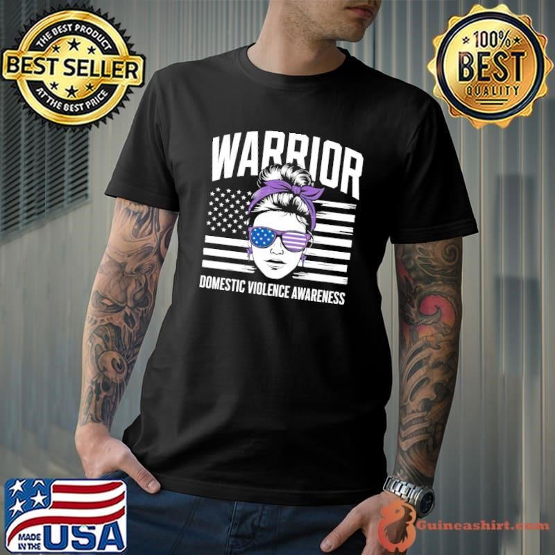 Domestic Violence Warrior Messy Bun Awareness Sunglasses Usa Flag Shirt