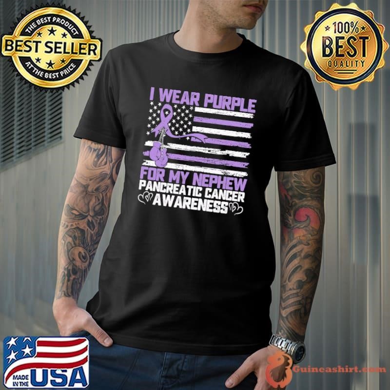 I Wear Purple For My Nephew Pancreatic Cancer Awareness Usa Flag T-Shirt