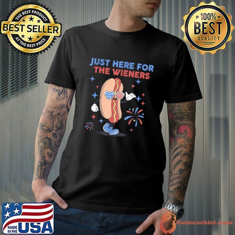 Just Here For The Wieners 4th of July Hot Dog Retro Fireworks Unisex