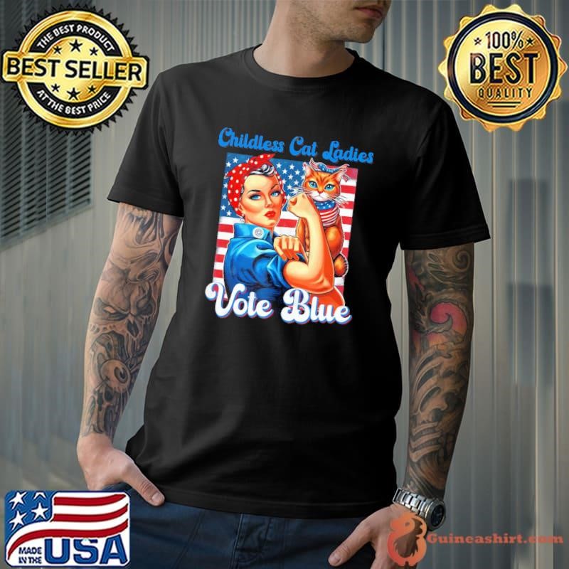 Retro Childless Cat Ladies Vote Blue American Flag Strong Women T-Shirt