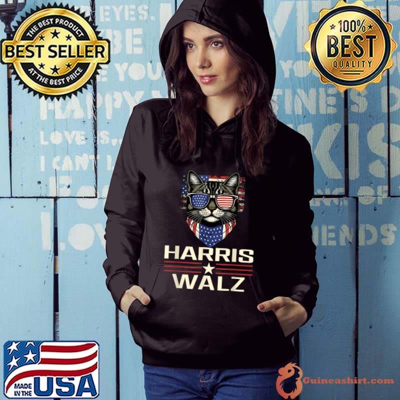Harris Walz 2024 Harris Waltz Democratic VP President Cat Sunglasses American Flag Hoodie