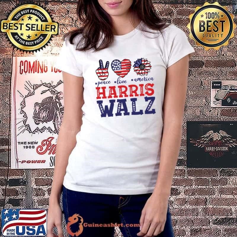 Peace love america harris walz high hand heart sunflower usa flag T-Shirt