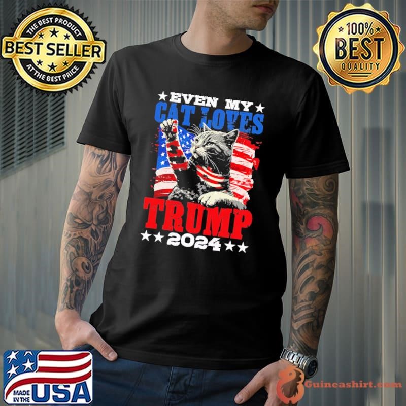Even My Cat Loves Trump 2024 USA American Flag 4th Of July T-Shirt