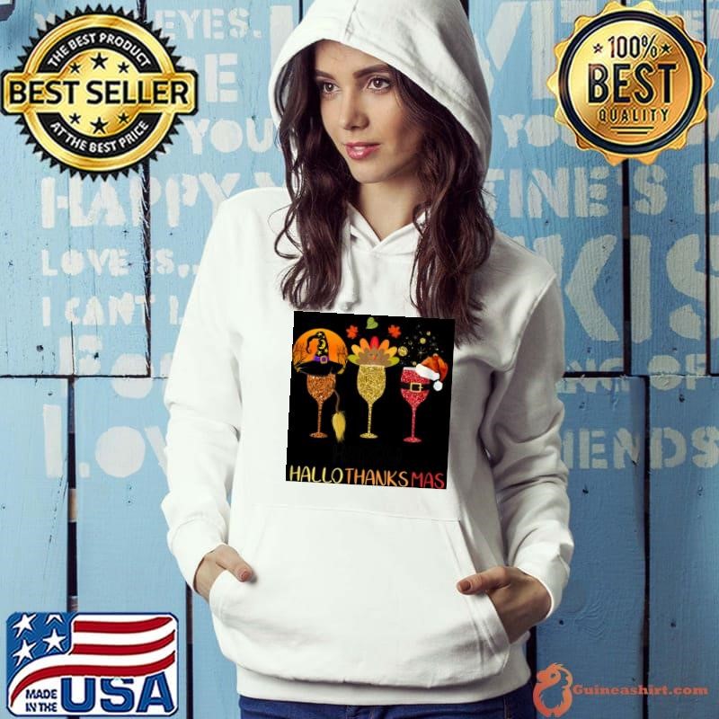 Funny Wine Hallothanksmas Halloween Thanksgiving Christmas Shirt