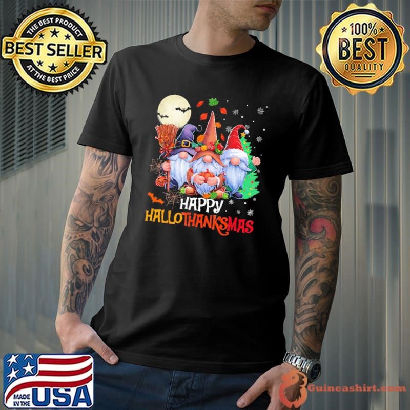 Happy Hallothanksmas Gnomes Lover Halloween Merry Christmas Moon T-Shirt