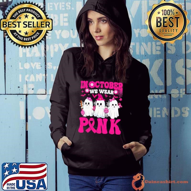 In October Wear Pink Breast Cancer Warrior Ghost Halloween Groovy Hoodie