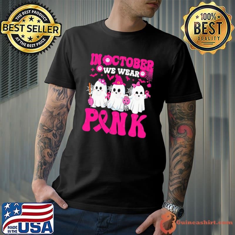 In October Wear Pink Breast Cancer Warrior Ghost Halloween Groovy Unisex