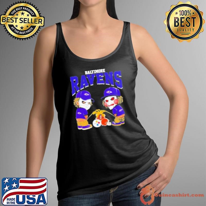 Michael Myers And Billy He Puppet X Baltimore Ravens Pee On NFL Eams Halloween Shirt
