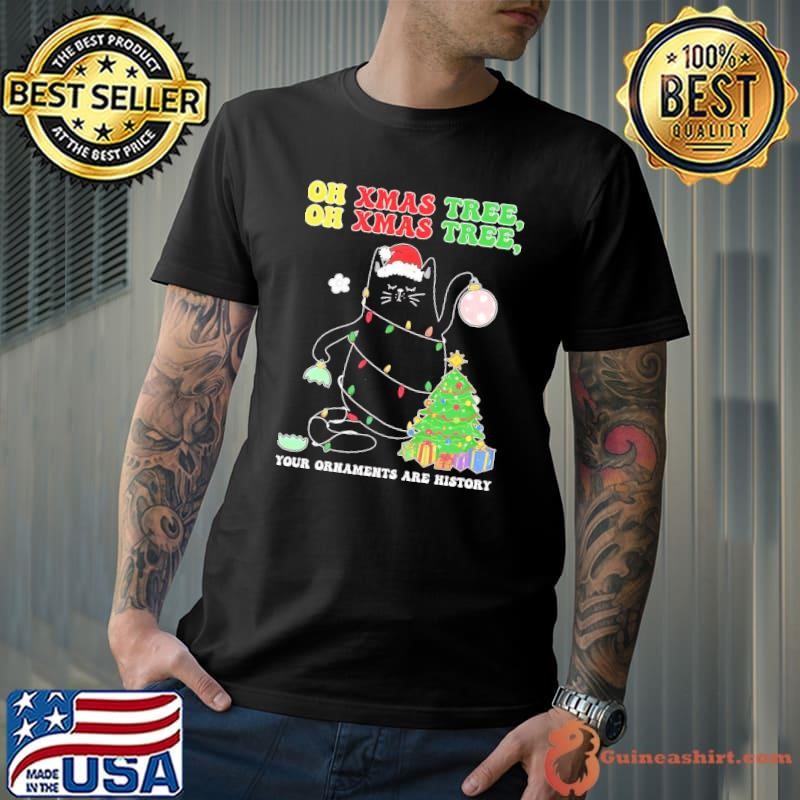 Oh Xmas Tree Ornaments Are History Retro Cat Christmas T-Shirt