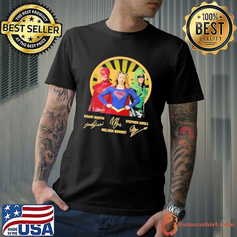 Grant Gustin Melissa Benoist Stephen Amell Heros Signuature shirt