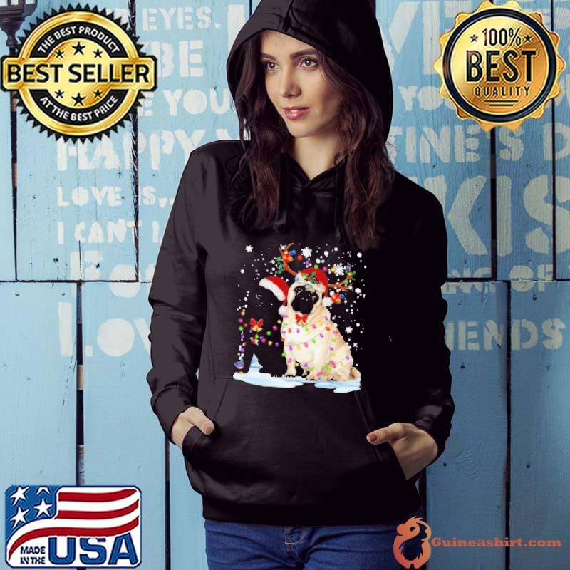 Pug Santa Reindeer Merry Christmas Light Hoodie