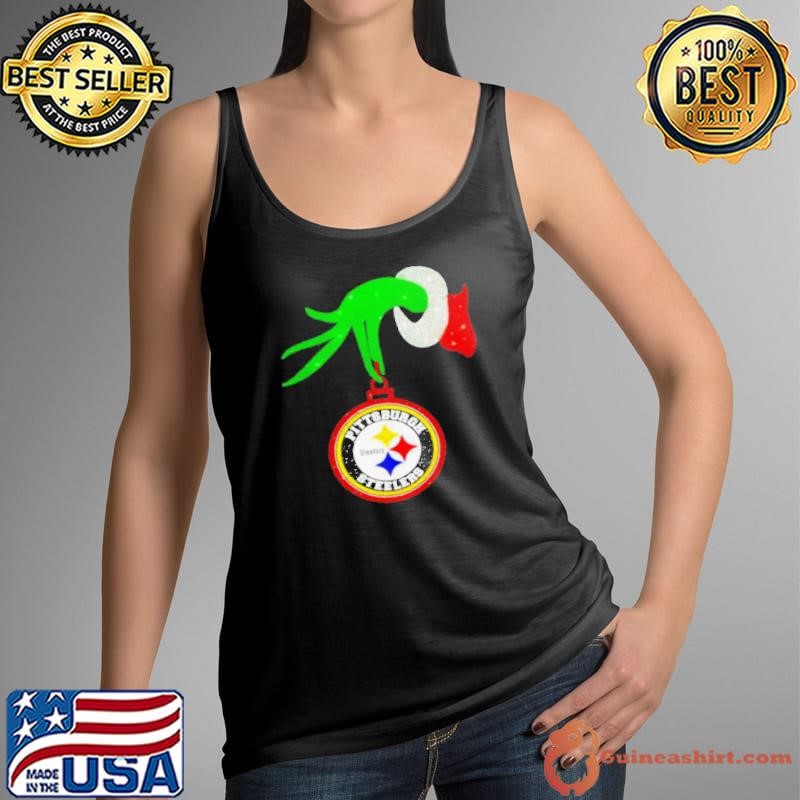 The Grinch hand holding ornament Pittsburgh Steelers Diamond Christmas shirt
