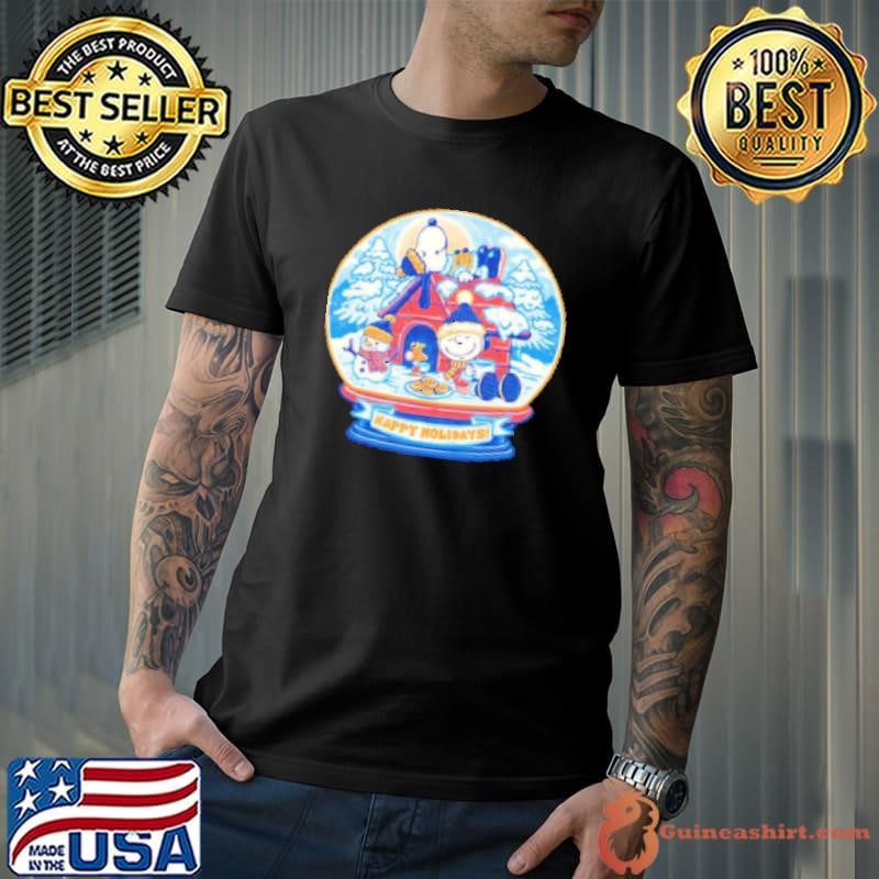 Top Peanuts a snowy winter scene with Charlie Brown Snoopy and Woodstock holiday snow globe Shirt