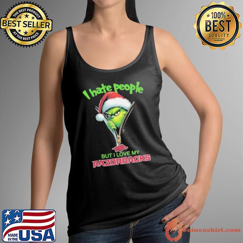 Grinch Santa Hat I Hate People But I Love My Arkansas Razorbacks Christmas Logo Shirt
