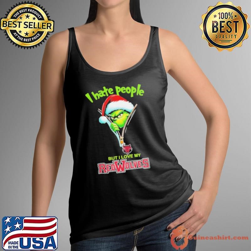 Grinch Santa Hat I Hate People But I Love My Arkansas State Red Wolves Christmas Logo Shirt