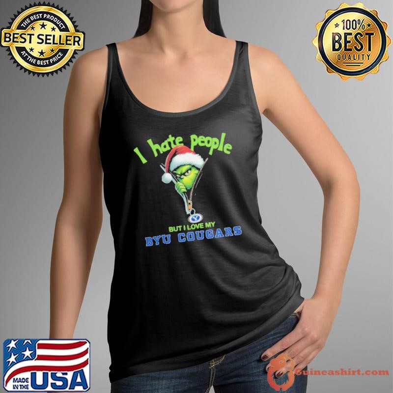 Grinch Santa Hat I Hate People But I Love My BYU Cougars Christmas Logo Shirt
