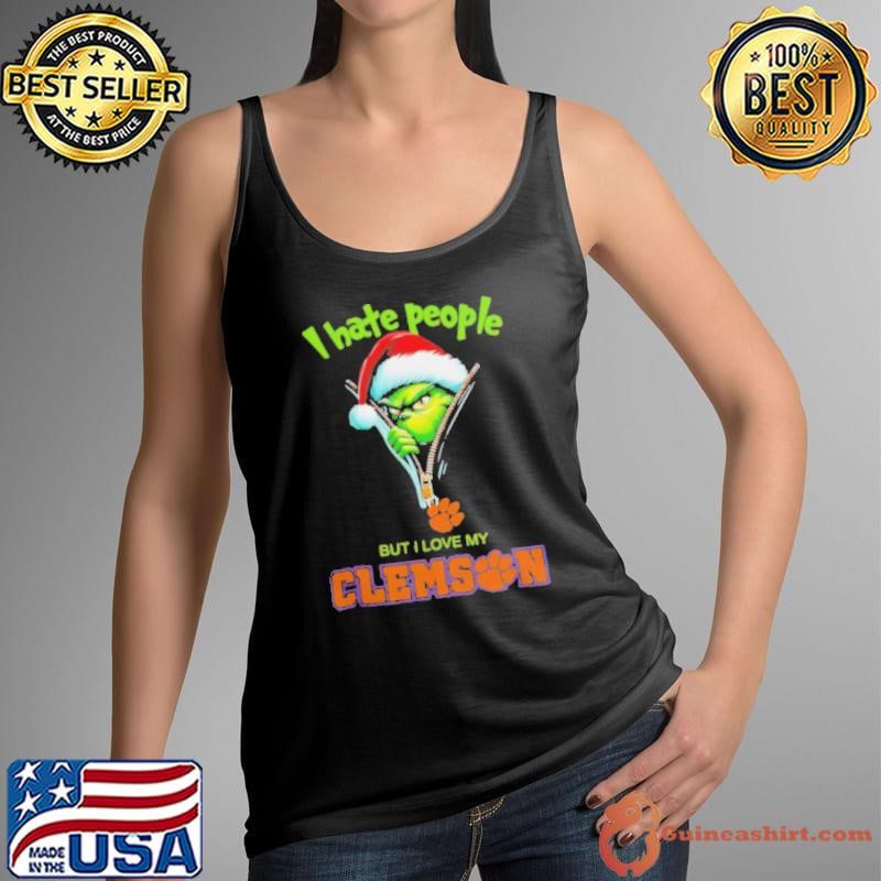 Grinch Santa Hat I Hate People But I Love My Clemson Tigers Christmas Logo Shirt