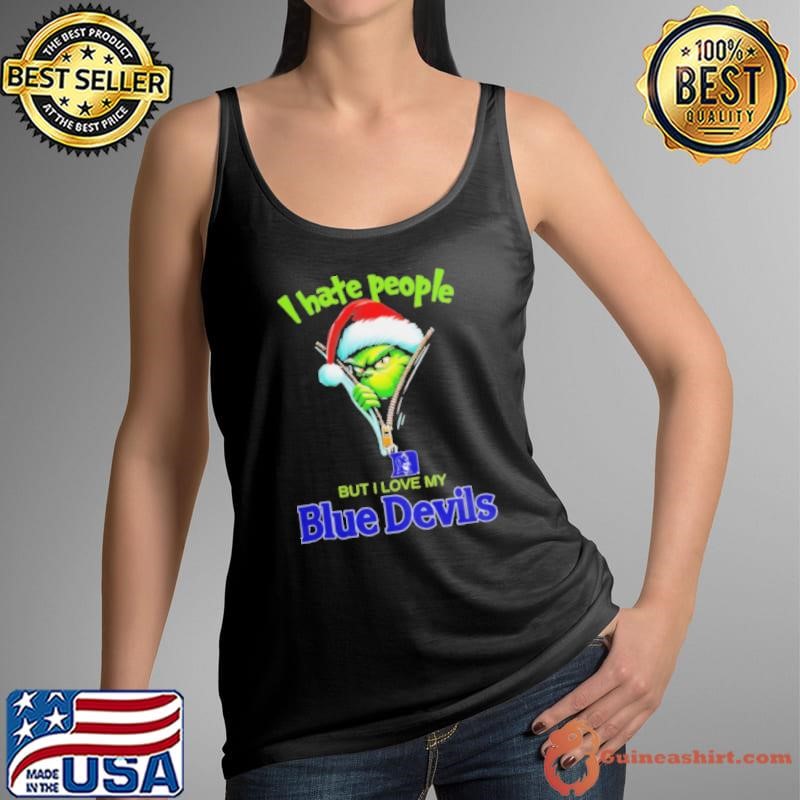 Grinch Santa Hat I Hate People But I Love My Duke Blue Devils Christmas Logo Shirt