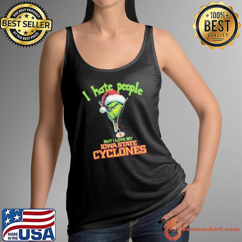 Grinch Santa Hat I Hate People But I Love My Iowa State Cyclones Christmas Logo Shirt