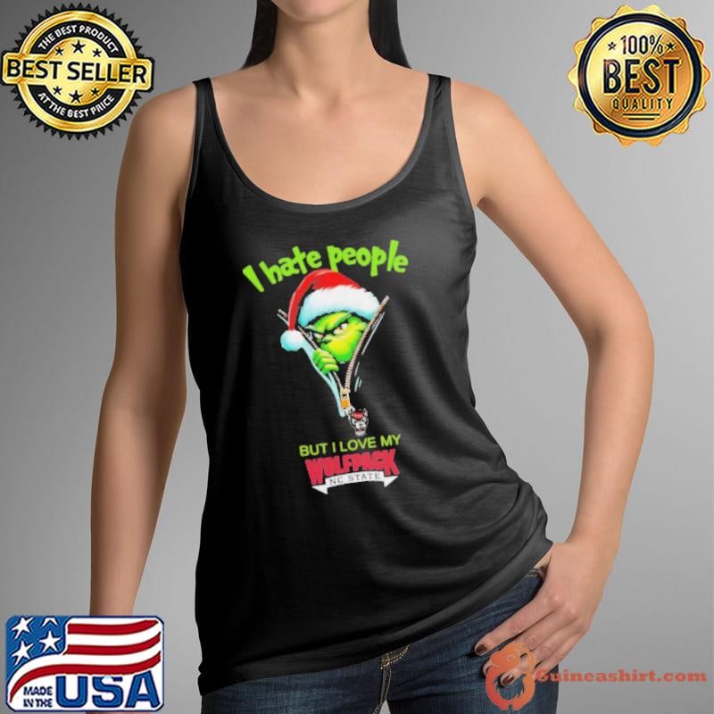 Grinch Santa Hat I Hate People But I Love My NC State Wolfpack Christmas Logo Shirt