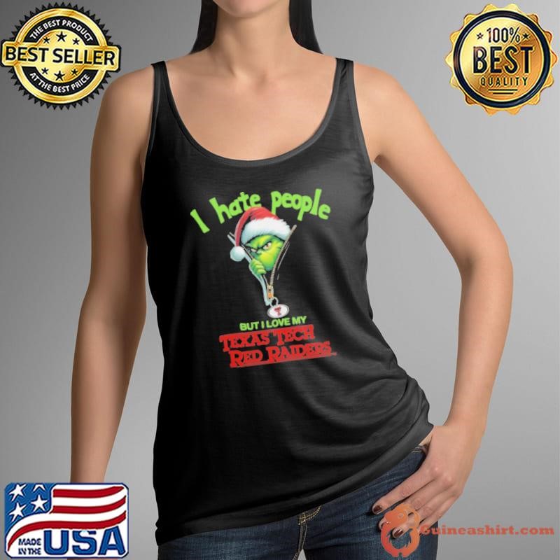 Grinch Santa Hat I Hate People But I Love My Texas Tech Red Raiders Christmas Logo Shirt