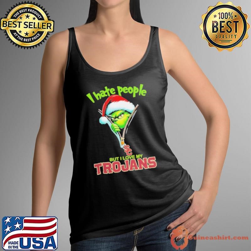 Grinch Santa Hat I Hate People But I Love My Usc Trojans Christmas Logo Shirt