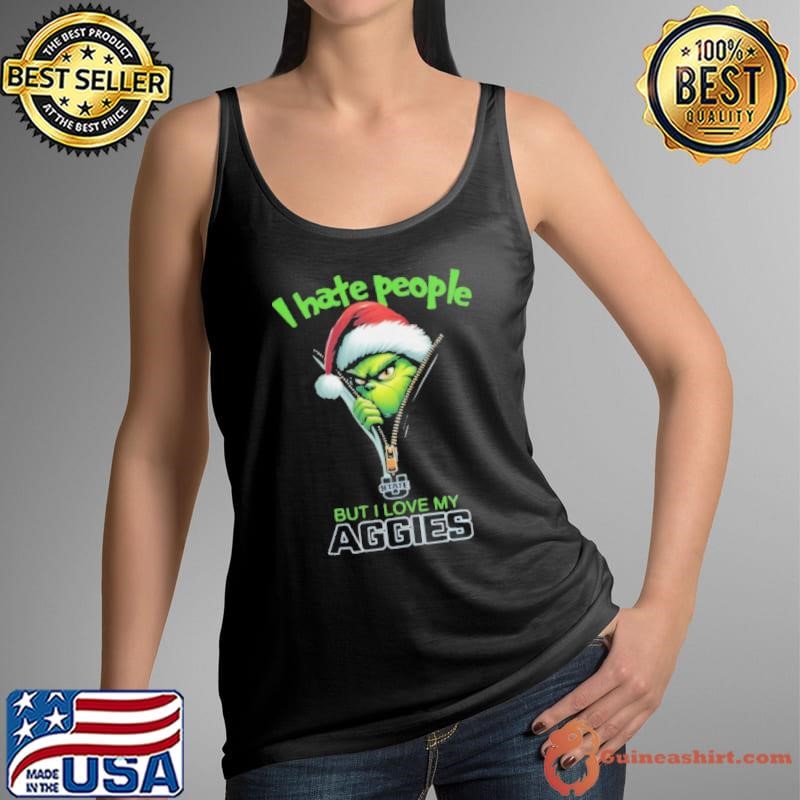Grinch Santa Hat I Hate People But I Love My Utah State Aggies Christmas Logo Shirt